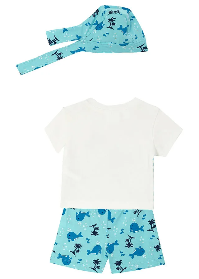 CAMISETA + PANTALóN CORTO + PAñUELO DE ALGODóN ORGáNICO (CONJUNTO DE 3 PIEZAS) PARA BEBé VERDE AGUAMARINABLANCO LANA ESTAMPADO